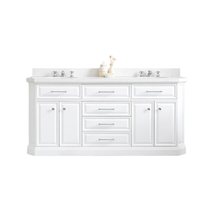 Palace 72 In. Double Sink Carrara Quartz Countertop Bath Vanity in Pure White with Chrome Hardware