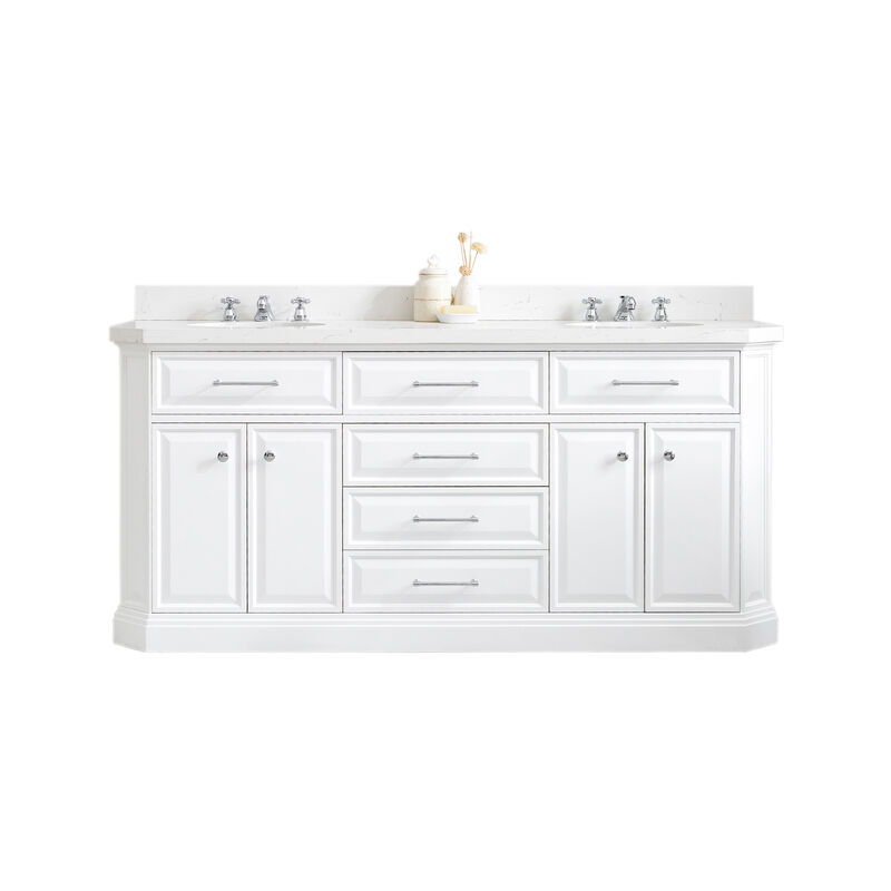 Palace 72 In. Double Sink Carrara Quartz Countertop Bath Vanity in Pure White with Chrome Hardware