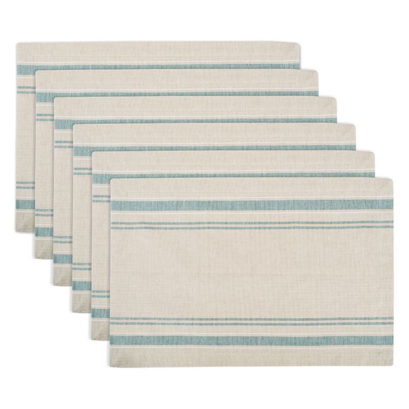 Set of 6 White and Teal French Stripe Rectangular Placemats 19" x 13"