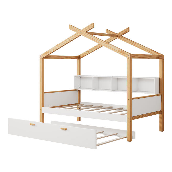Merax win House-Shaped Kids Bed with Pull-Out Trundle, 4 Built-In Bookshelves