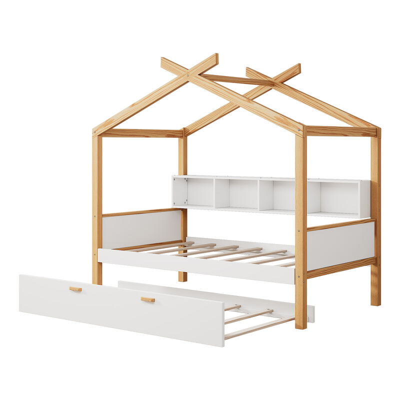Merax win House-Shaped Kids Bed with Pull-Out Trundle, 4 Built-In Bookshelves image number 0