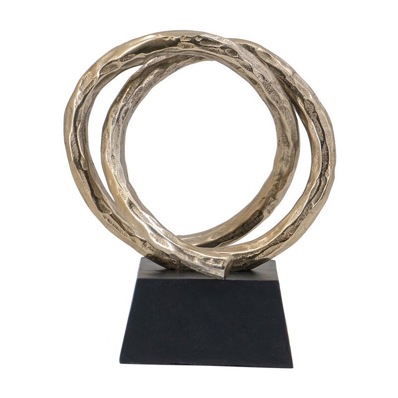 10 Inch Modern Table Sculpture, Bright Gold Aluminum, Intertwined Ring Loop - Benzara
