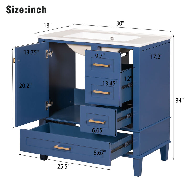 Whisen 30 in. Bathroom Storage Cabinet Bathroom Vanity with Ceramic Sink, Soft Close Door and 3 Drawers