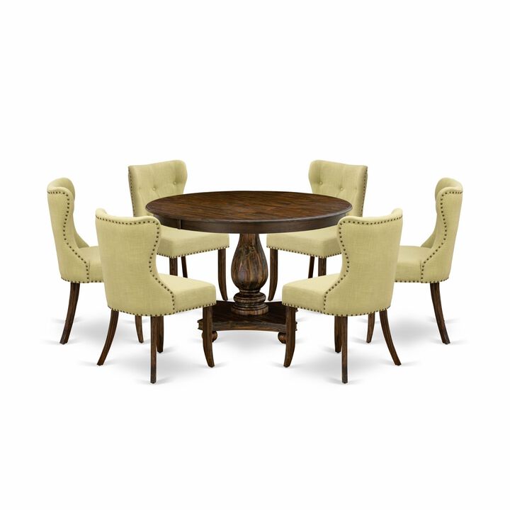 East West Furniture F2SI7-737 7Pc Dining Set - Round Table and 6 Parson Chairs - Distressed Jacobean Color