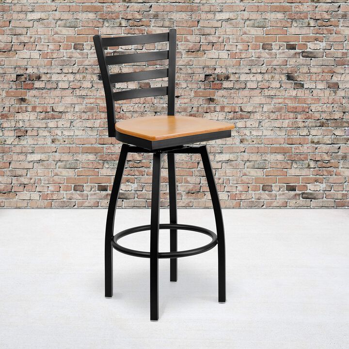 Flash Furniture HERCULES Series Black Ladder Back Swivel Metal Barstool - Natural Wood Seat