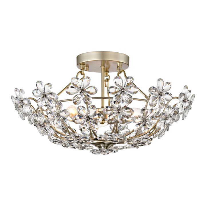 Maya Glam Brushed Silver-ish Champagne 3-Light 20" Daisy Crystal Glass Flower Blossom Flush Mount