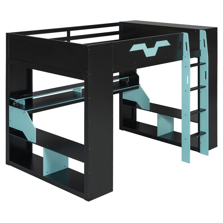 Merax Full Size Gaming Loft Bed with RGB LED, Power Hub, Work Desk & Multi-Tier Storage