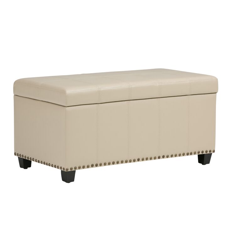 HomeRoots 33" Brown and Espresso Faux Leather and Solid Wood Upholstered Storage Bench With Flip Top