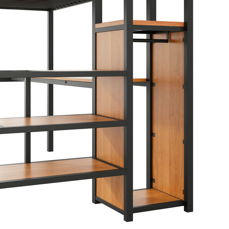 Whisen Full Size Metal Loft Bed with Desk, Storage Staircase, Small Wardrobe and LED Light