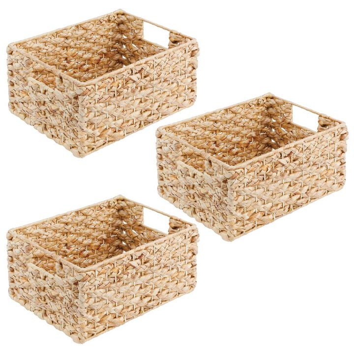 mDesign Hyacinth Braided Woven Pantry Bin Basket, Handles, 3 Pack, Natural/Tan