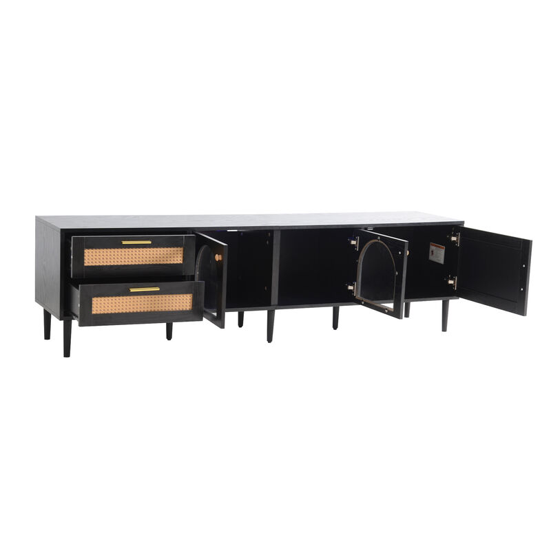 TATEUS Rattan TV Stand with 3 Cabinets & 2 Drawers, Rattan-inspired Media Console Table for TVs up to 80''