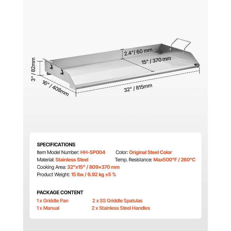 32x16 in Flat Top Griddle Stainless Steel Universal BBQ Grill Pan Cookware