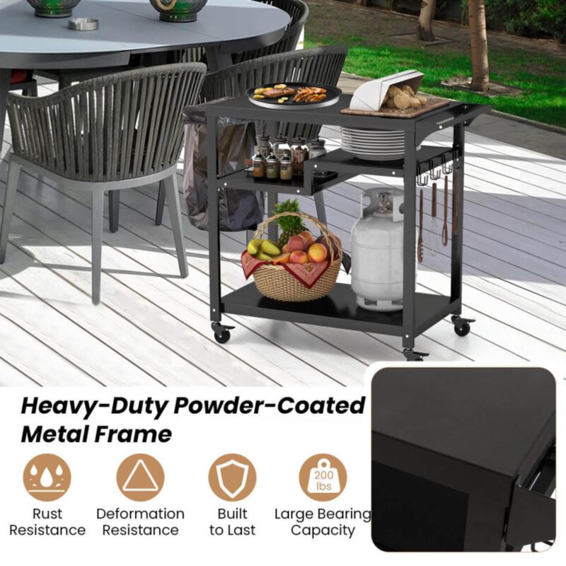 Hivvago Rolling Grill Cart 3-Shelf BBQ Cart with Hooks and Side Handle-Black