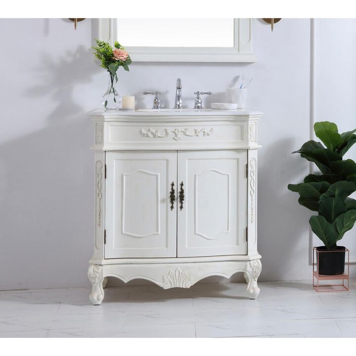 Elegant Kitchen and Bath 32 inch Single Bathroom vanity in antique white