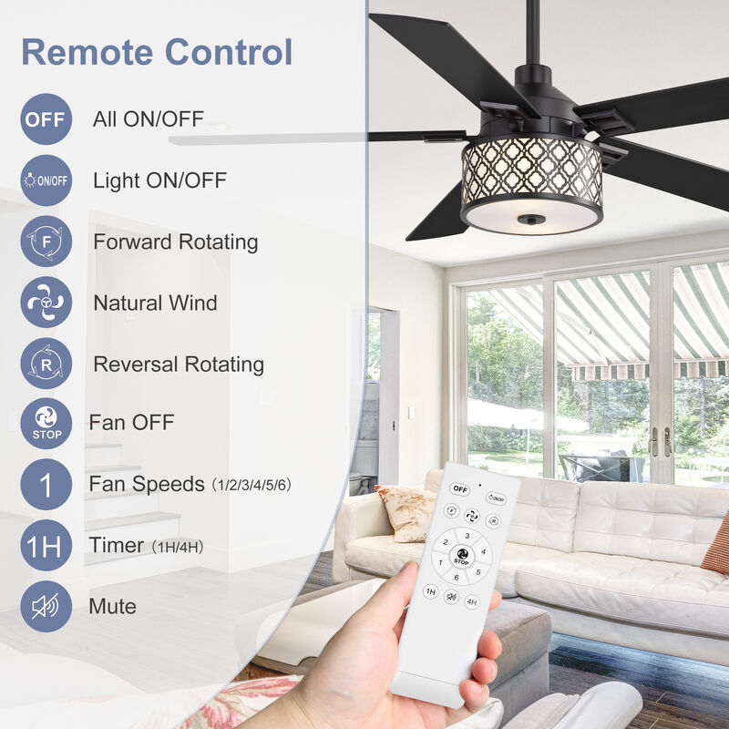 Breezary 52" Ceiling Fan with Lights, 2 E26 Bulbs Required,Remote, 6 Speeds image number 3