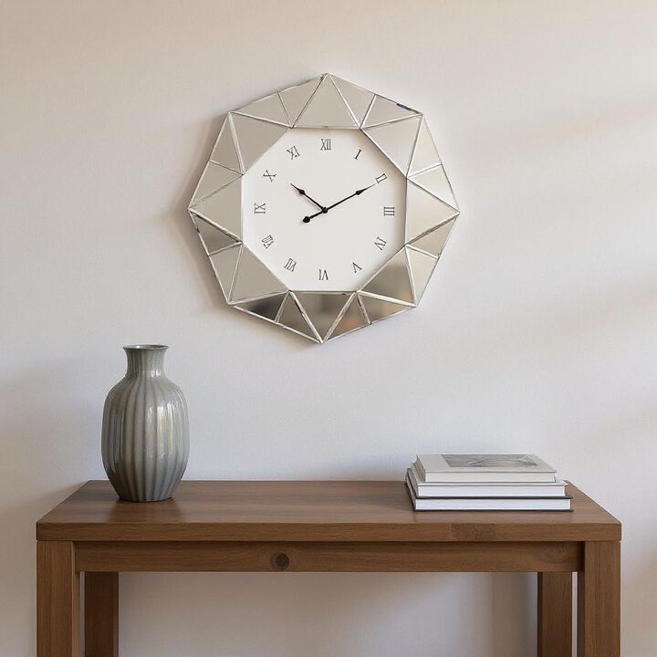 HomeRoots 26" Silver Mirrored Glass Silent Analog Geometric Wall Clock