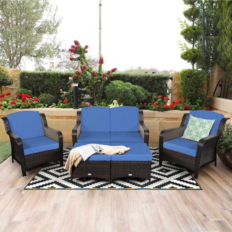 5-Piece Patio Rattan Sofa Set with Cushions and Ottoman, Comfortable Outdoor Seating