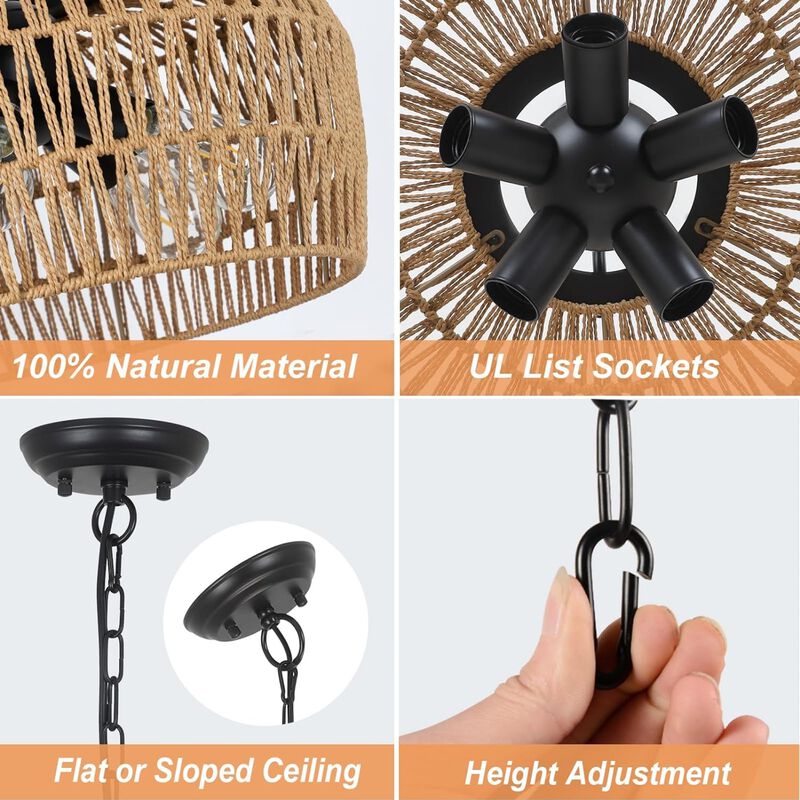 ELEMENT ACE 5-Light Rattan Boho Chandelier Light Fixture with Wicker Lampshade, Farmhouse Hanging Pendant Lighting for Dining Room Kitchen Island Bedroom Living Room Nursery image number 6