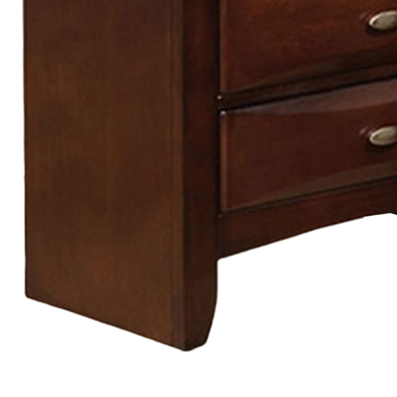 Simo Nightstand, Spacious Top, Nickel, 3 Drawers, Cherry Brown Solid Wood - Benzara