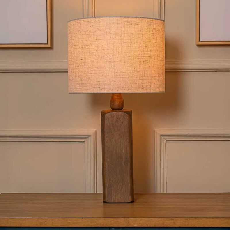 22 In. Farmhouse Table Lamp with Honey Natural Wood Base Classic Beige Fabric Drum Shade Traditional Desk Lamp image number 2