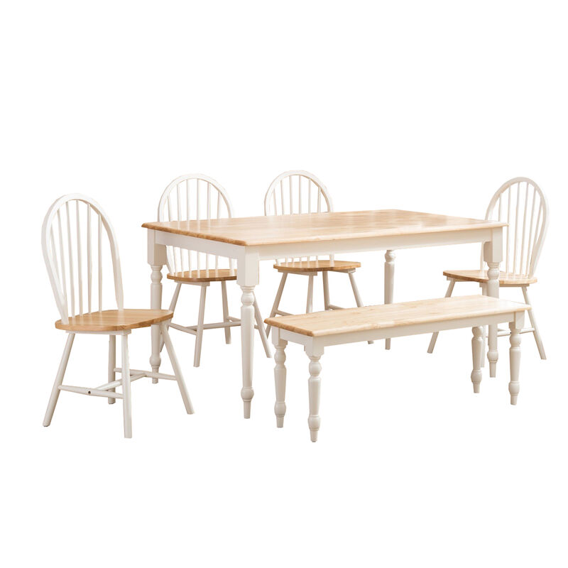 6 Piece Farmhouse Wooden Dining Set, White and Brown - Benzara