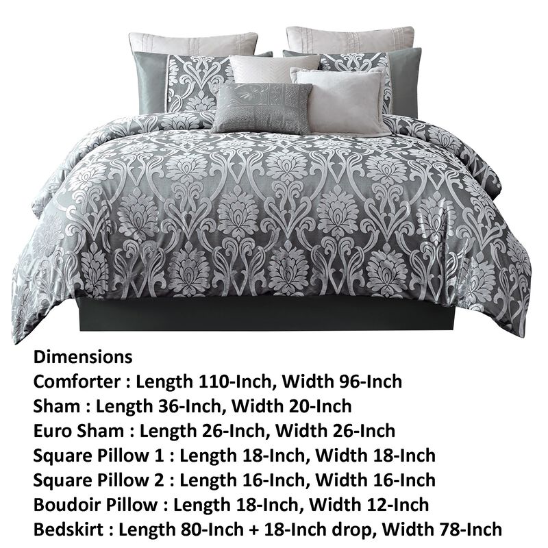 Emma 10 Piece Polyester King Comforter Set, Gray Silver Velvet Damask Print - Benzara