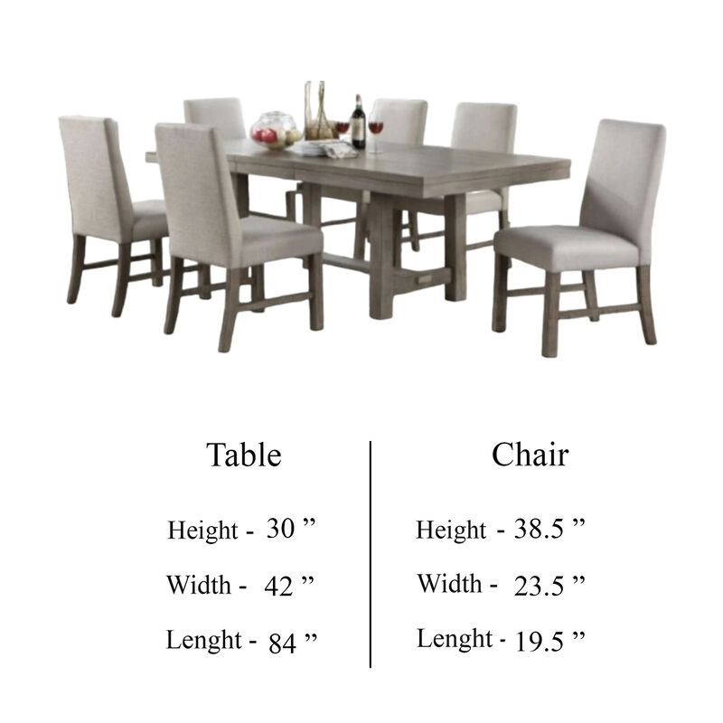 Genu 7pc Dining Table and Chair Set, 66-84 Extendable Top, Gray Fabric - Benzara