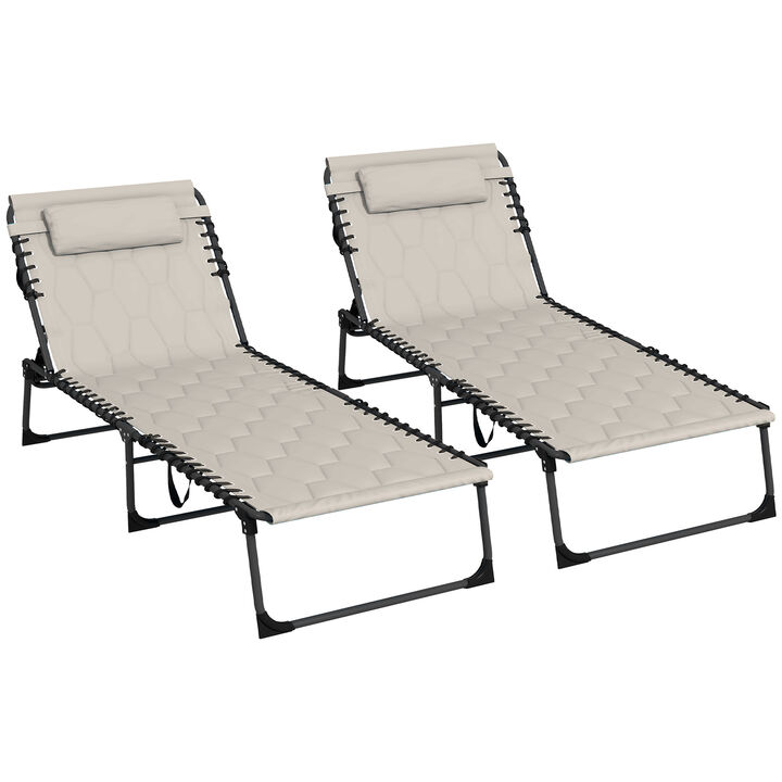 Outsunny Folding Chaise Lounge Set with 5-level Reclining Back, Outdoor Lounge Chairs with Build-in Padded Seat, Outdoor Tanning Chairs with Side Pocket, Headrest for Beach, Yard, Patio, Khaki