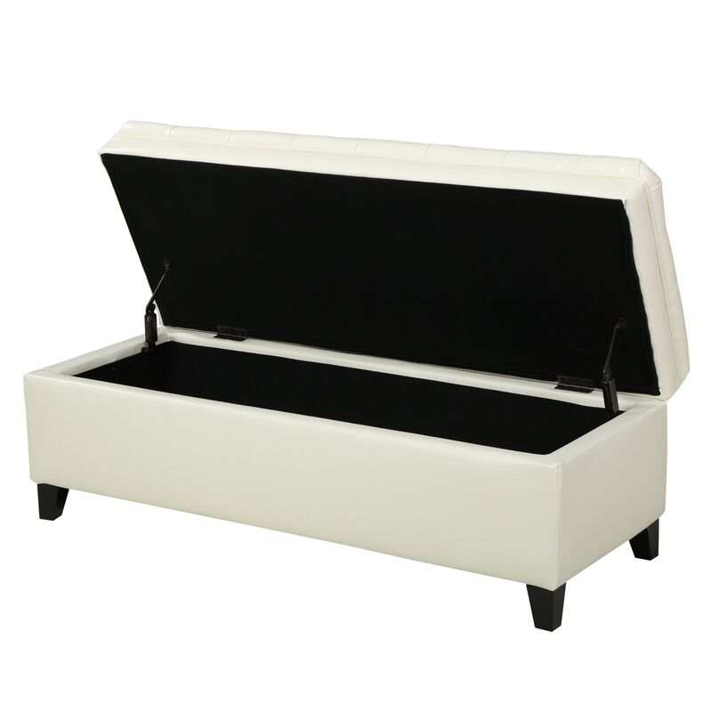 Rhya Storage Ottoman Bench, Ivory Faux Leather, Brown Wood, 50 Inch - Benzara