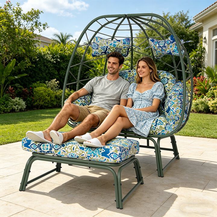 Hivvago Wicker Egg Loveseat with Cushioned Ottoman