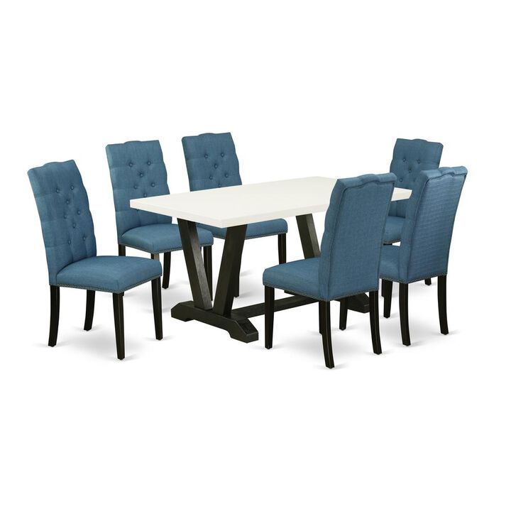 East West Furniture V626EL121-7 7-Piece Gorgeous Rectangular Table Set an Outstanding Linen White dining table Top and 6 Lovely Linen Fabric Dining Chairs with Nail Heads and Button Tufted Chair Back,