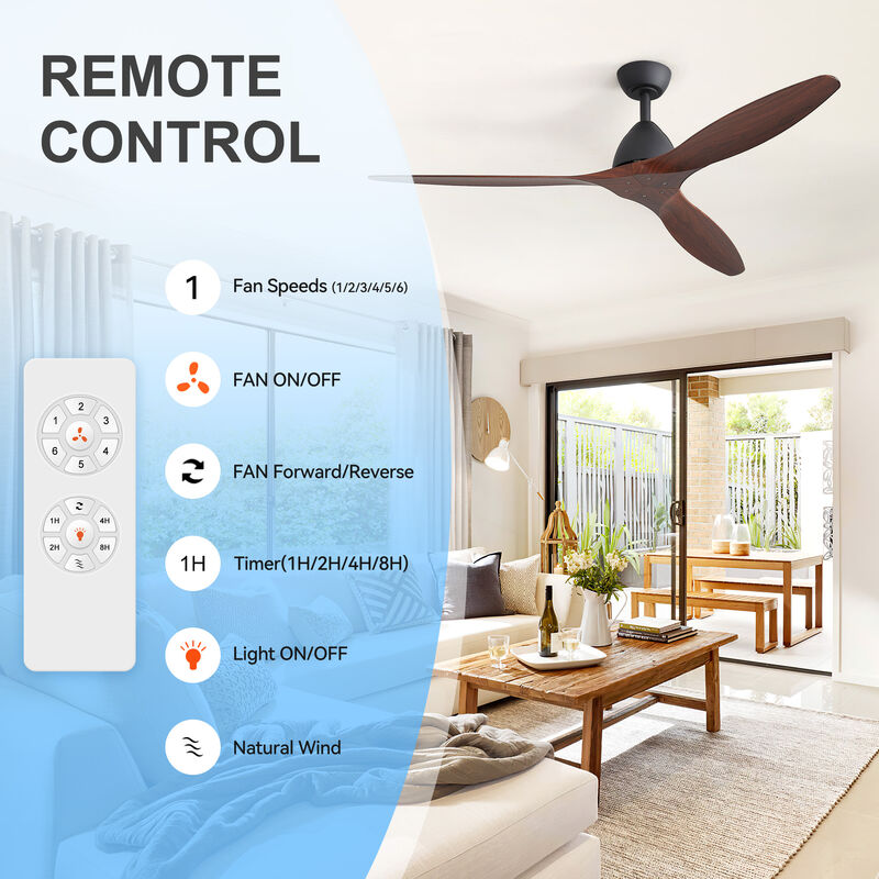 Breezary 56" Ceiling Fan No Light, 3 Blade, 6 Speed, Remote Control image number 2