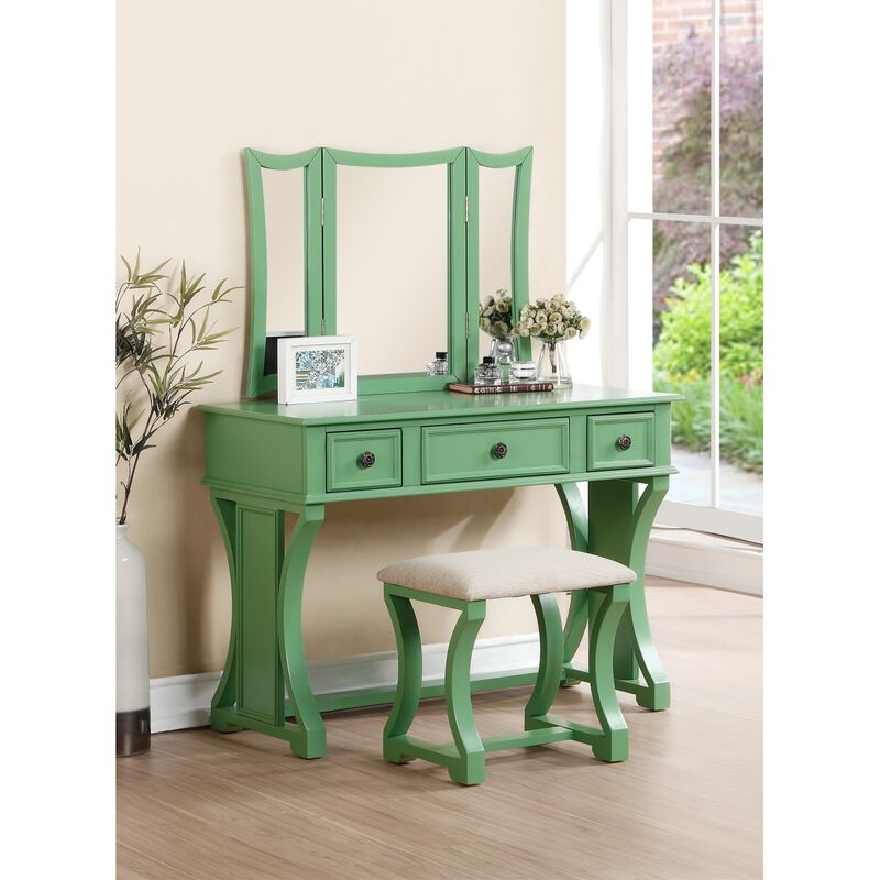 Unique Modern Bedroom Vanity Set w Stool Foldable Mirror Drawers Apple Green Color MDF Veneer 1pc Vanity Furniture