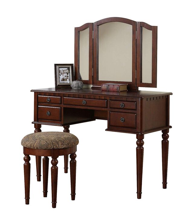 Commodious Vanity Set Featuring Stool And Mirror Cherry Brown - Benzara