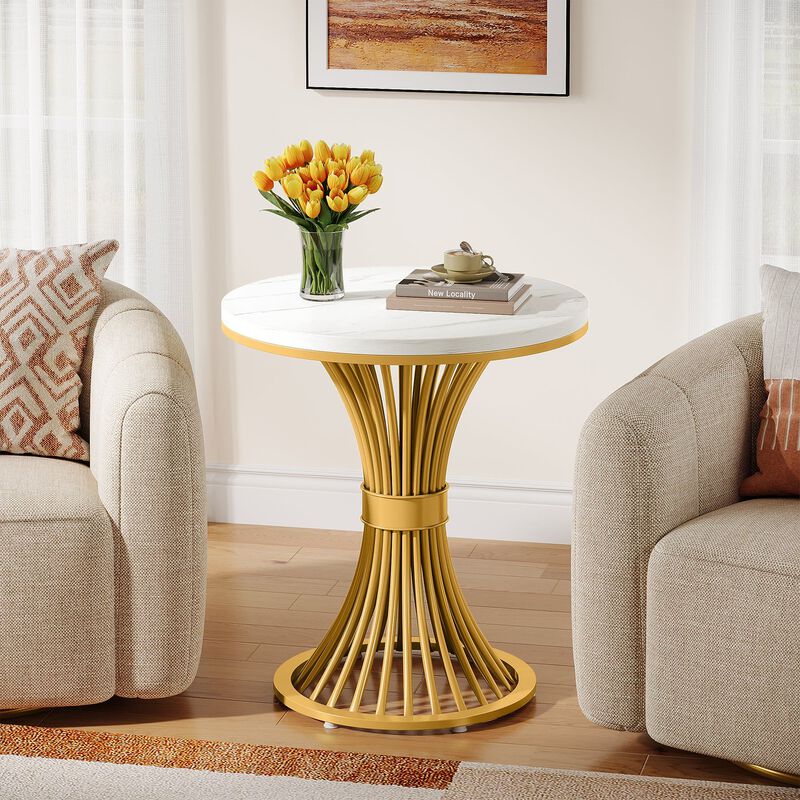 Faux Marble Round Side Table with Gold Metal Base, End Table image number 7