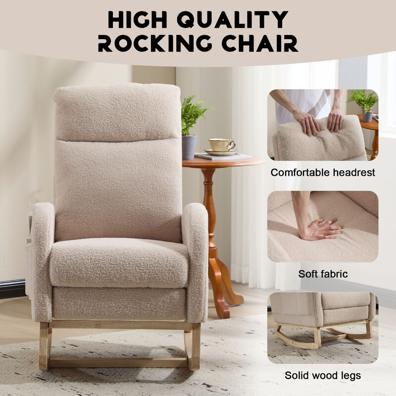 Upholstered Modern Rocking Chair with Solid Wood Legs and Ergonomic High Backrest image number 4