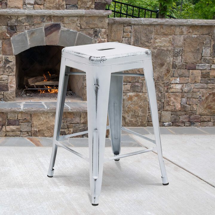 Flash Furniture Commercial Grade 24" High Backless Distressed White Metal Indoor-Outdoor Counter Height Stool