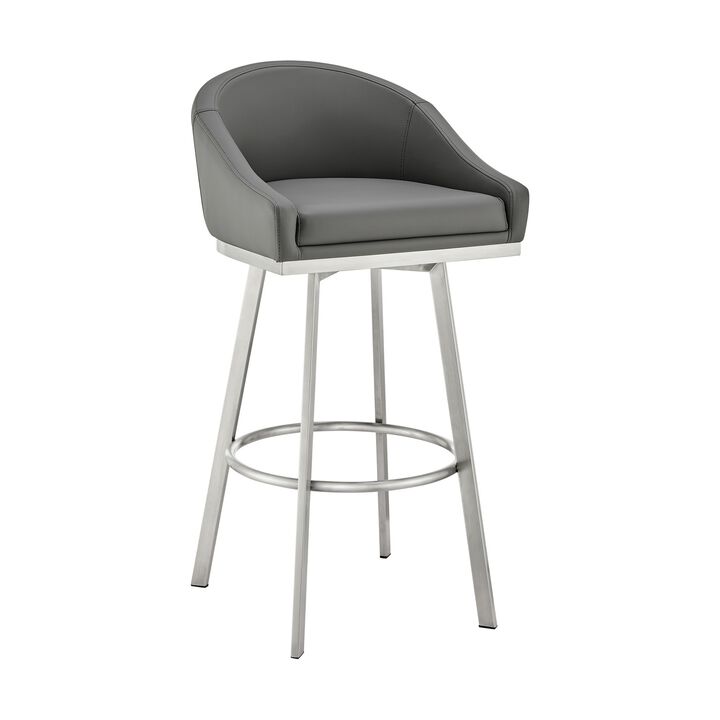 Dalza 30 Inch Swivel Barstool Chair, Cushioned Open Back, Gray Faux Leather - Benzara