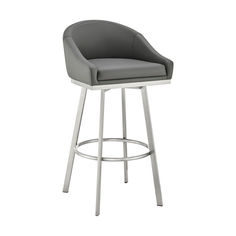 Dalza 30 Inch Swivel Barstool Chair, Cushioned Open Back, Gray Faux Leather - Benzara