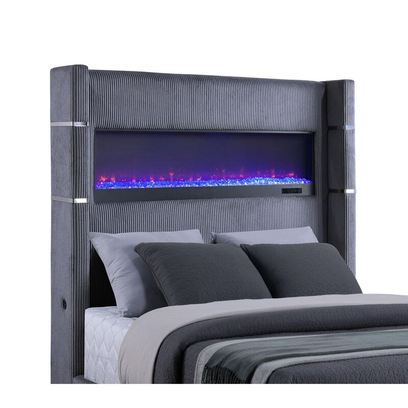 Caro Queen Bed, Wingback Panel w LED Flame, Gray Corduroy Upholstery