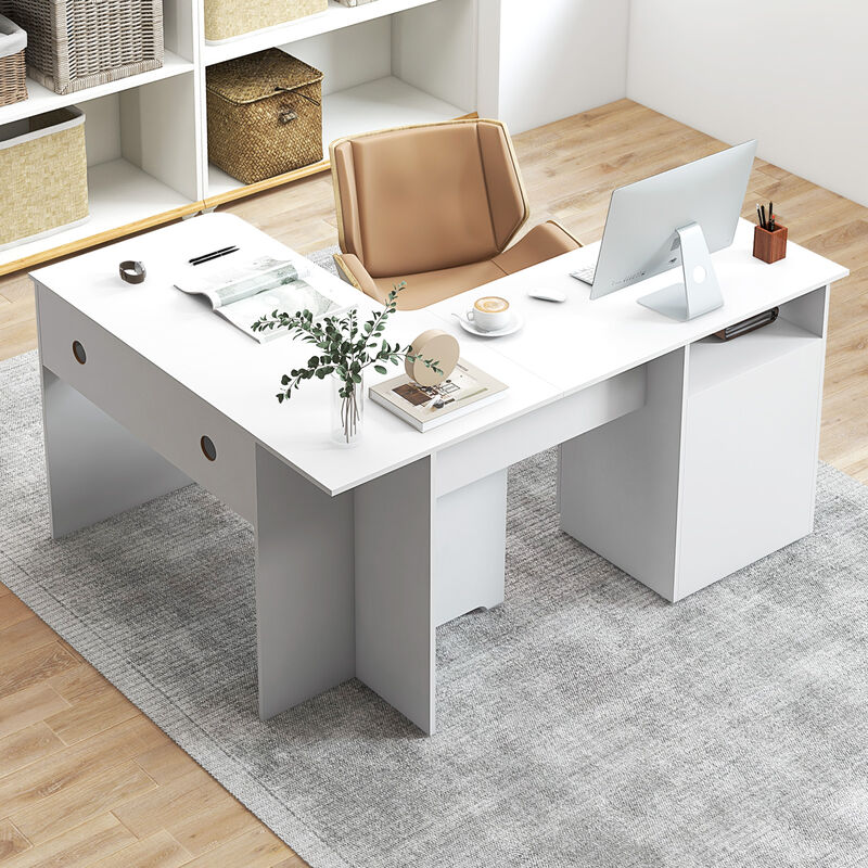 L-Shaped Computer Desk with Letter File Drawer for Home Office or Workspace Organization
