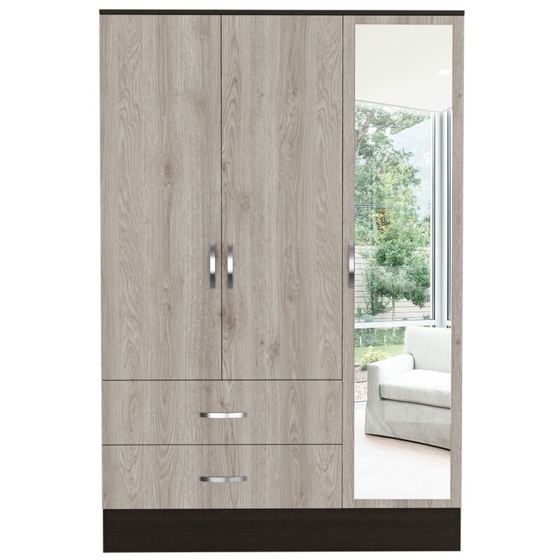 Bolton 120 Mirrored Armoire, Metal Hardware, Double Door Cabinet, Two Drawers, Single Door With Mirror, Rods -Black / Light Gray