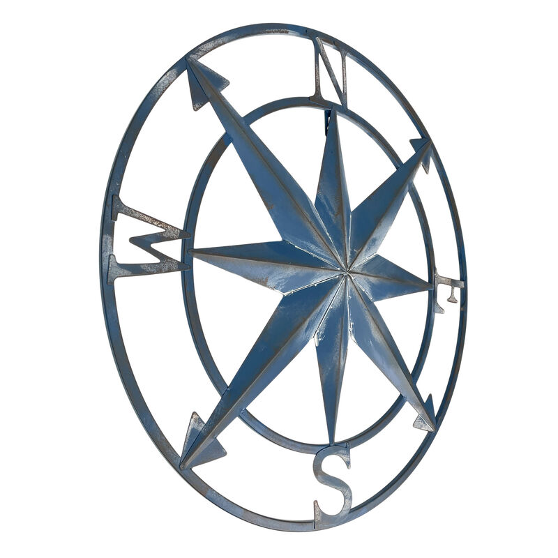 20 Inch Distressed Metal Compass Rose Nautical Wall Decor Indoor Outdoor, Blue image number 5