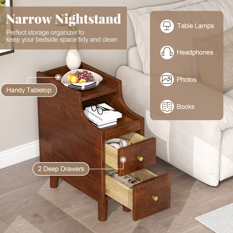 Solid Wood Nightstand with Pull-Out Tray and 2 Drawers, Narrow Bedside Table image number 6