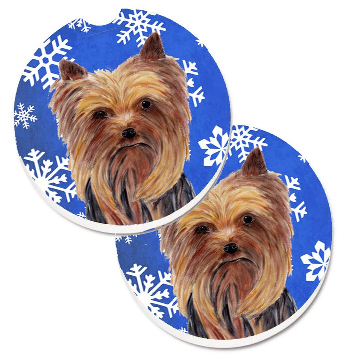 Caroline's Treasures Yorkie Winter Snowflakes Holiday Set of 2 Cup Holder Car Coasters SC9365CARC, 2.56, Multicolor
