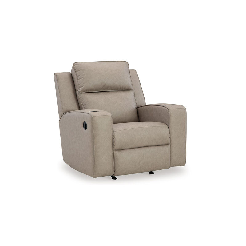Livie Manual Rocker Recliner Chair, Cupholder, Beige Gray Faux Leather - Benzara