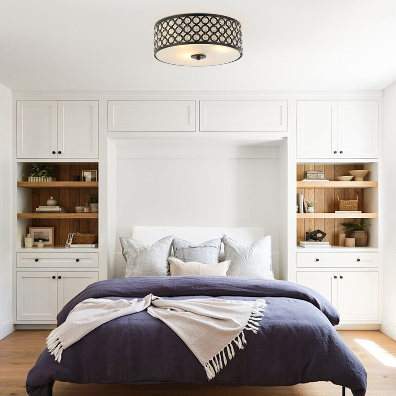Modern 3-Light Crystal Black Flush Drum Mount Ceiling Light