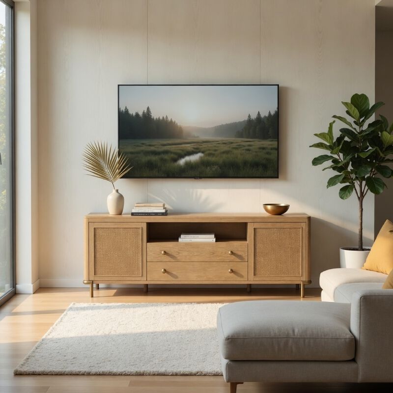Fij TV Stand Media Console, Drawers, Rattan Cane Doors, Brown Wood 80 Inch image number 8