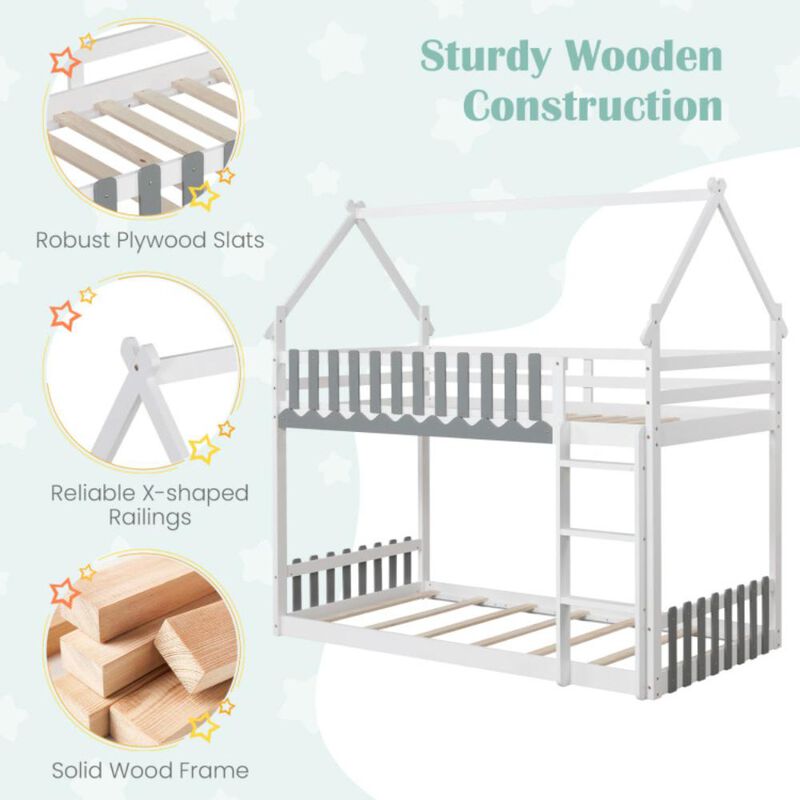 Hivvago Twin Over Twin Bunk Bed with Fence and Ladder for Kids