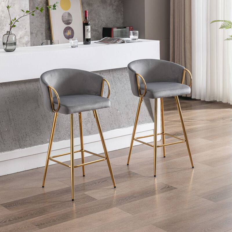 26 Inch Set of 2 Velvet Bar Stools with Chrome Footrest and Golden Base Counter Height Stools image number 6